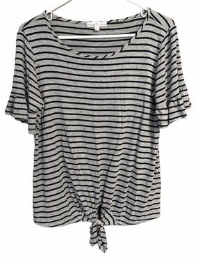 Moa Moa Gray & Black Striped Tie-Front Short Sleeve Top